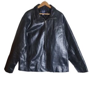 Gap Mens Leather Jacket Black Full Zip Quilted Lining Classic Coat XL